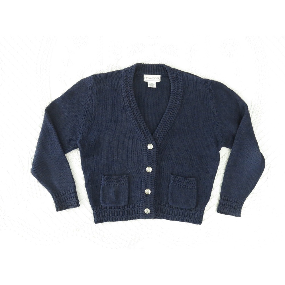 Vintage 90s Casual Corner M Navy Cotton Cardigan Anchor Buttons Preppy Nautical